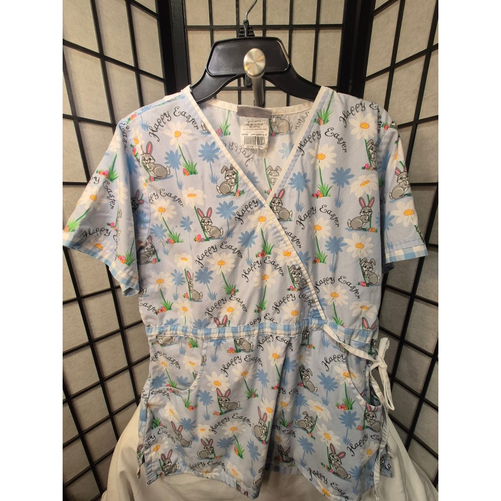 Happy Easter Bunny Daisy Scrub Top Mock Wrap Side Tie Blue Gingham Trim XL
